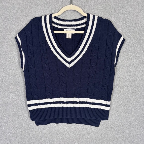Jessica Simpson Sweaters - Jessica Simpson Cable Knit Sweater Vest Large Navy White Varsity Tennis Preppy
